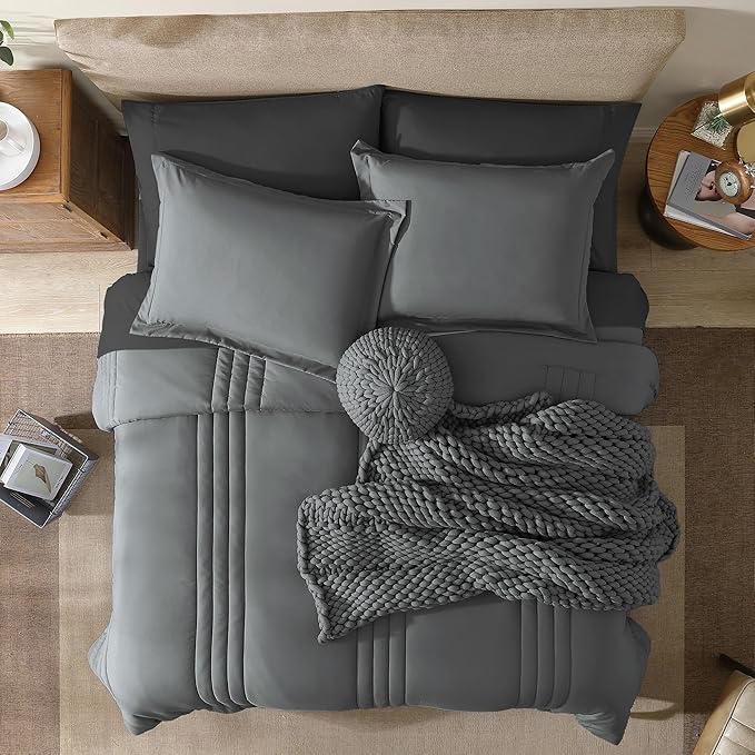 Monbix King Size Comforter Set - 7 Pieces Bed in a Bag King, Grey Bedding Sets with Comforter, All Seasons Down Alternative Comforter Bed Set with Sheets, Pillowcases & Shams
