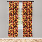 Ambesonne Fall Window Curtains Pack of 2, Happy Autumnal Colors with Birds in Nests Cartoon Illustration Print, Lightweight Set with Rod Pocket, 4 Panels of - 28" x 84", Cinnamon Amber and Orange