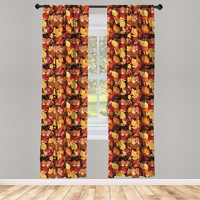 Ambesonne Fall Curtains, Happy Autumnal Colors with Birds in Nests Cartoon Illustration Print, Window Treatments 2 Panel Set for Living Room Bedroom, Pair of - 28" x 95", Cinnamon Amber and Orange