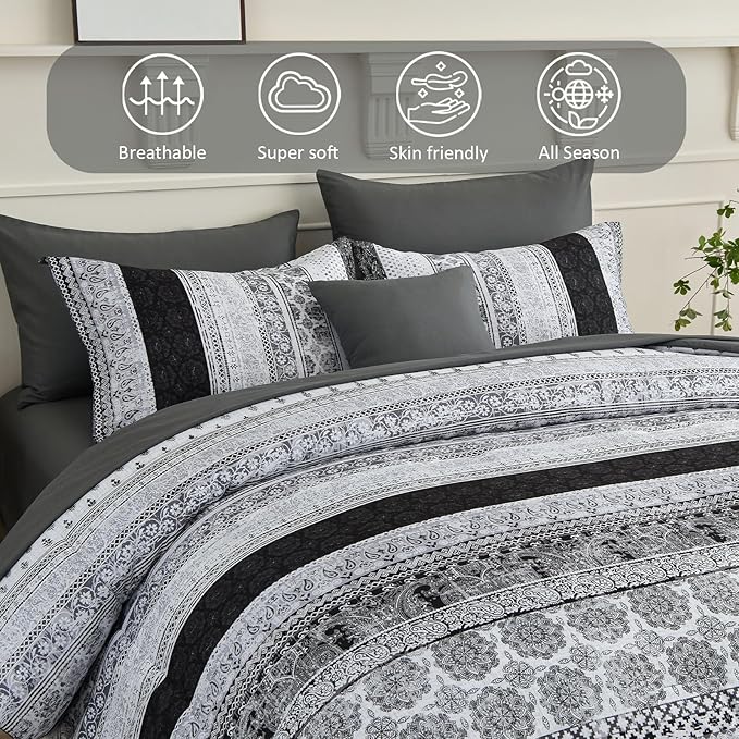 Boho King Size Comforter Set 8 Pieces,Gray Bohemian Striped Bed in a Bag,Floral Soft Microfiber Bedding Comforter Set