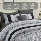 Boho King Size Comforter Set 8 Pieces,Gray Bohemian Striped Bed in a Bag,Floral Soft Microfiber Bedding Comforter Set