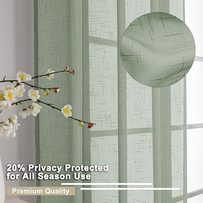 Aiyufeng Sheer Sage Green Kitchen Curtains 24 inch Length 2 PCS, Semi Sheer Linen Curtains for Bedroom, Faux Linen Textured Burlap Short Tier Farmhouse Cafe Curtains for Small Windows, 30Wx24L inch