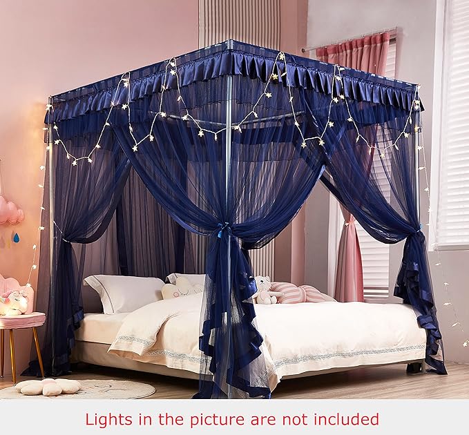 Mengersi 4 Corners Post Canopy Bed Curtains Navy Blue- Bed Canopy Royal Luxurious Bed Drapes Netting- Elegant Bedroom Decoration Accessories for Adults,King