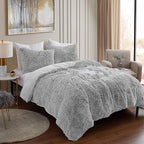 Full Size Luxury Faux Fur Comforter Set - Soft & Breathable 7-Piece Bedding Collection - 1 Comforter, 1 Fitted Sheet, 1 Flat, 2 Pillowcases, 2 Pillow Shams - Deep Pocket - Premium Quality, Silver