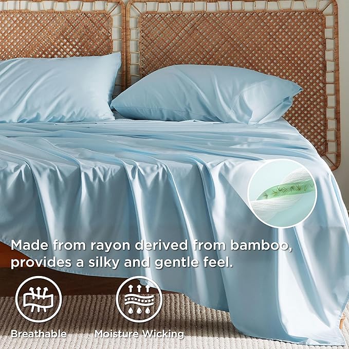 Bedsure California King Sheet Sets, Cooling Sheets, Rayon Derived from Bamboo, Breathable & Soft, Deep Pocket Up to 16 Inches, Hotel Luxury Silky Bedding for Hot Sleepers, Aqua