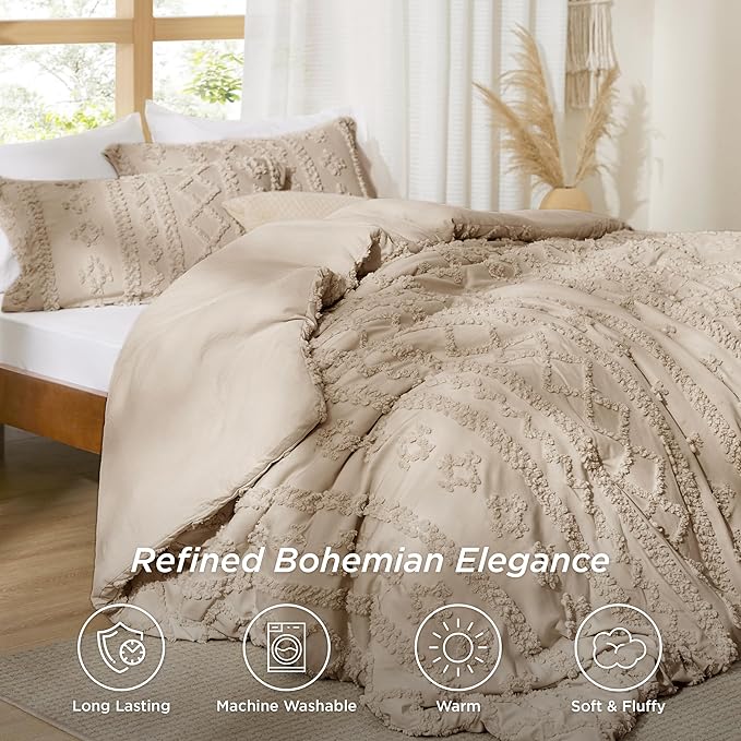 Bedsure Tufted Boho Comforter Set Oversized King - Khaki Boho Bed Set, GentleSoft™ 3 Pieces Farmhouse Shabby Chic Embroidery Bedding, Gifts for Woman, Soft Jacquard Comforter for All Seasons