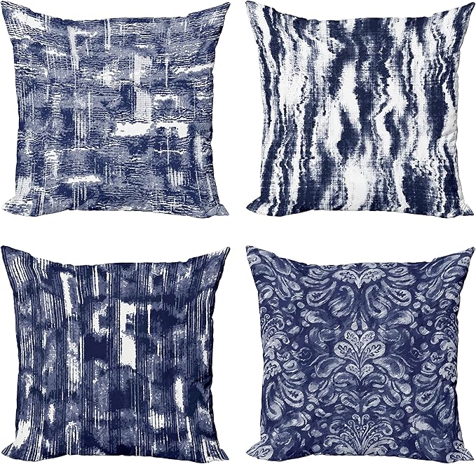 Ambesonne Vintage Throw Pillow Cushion Case Pack of 4, Abstract Grunge Effect Brushstrokes and Waving Striping Stains Paisley Drops, Modern Accent Double-Sided Digital Printing, 24", Violet Blue White
