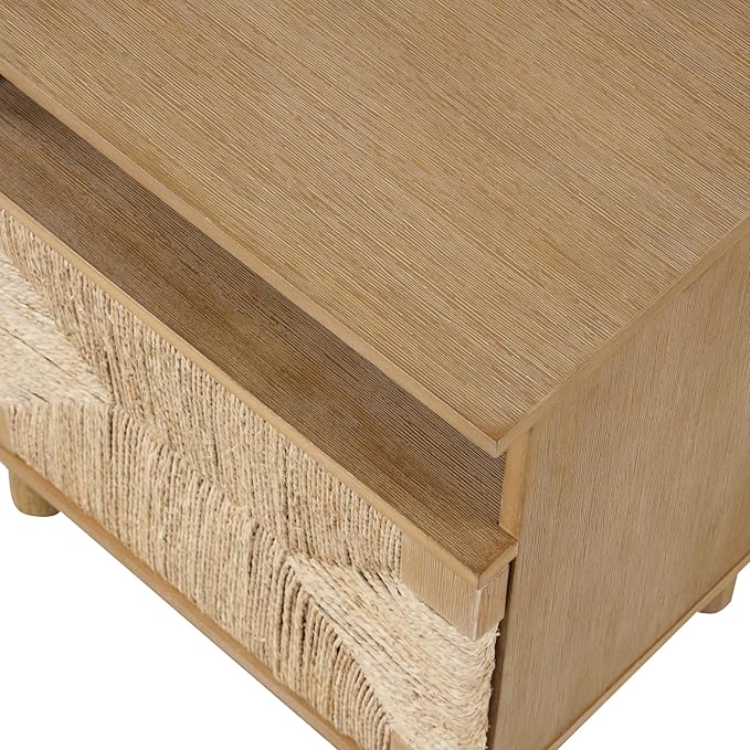 Nathan James Beacon Wood Nightstand, Bohemian Accent Table or Sofa Side Table with Seagrass Door for Bedroom or Living Room, Light Brown, Set of 2
