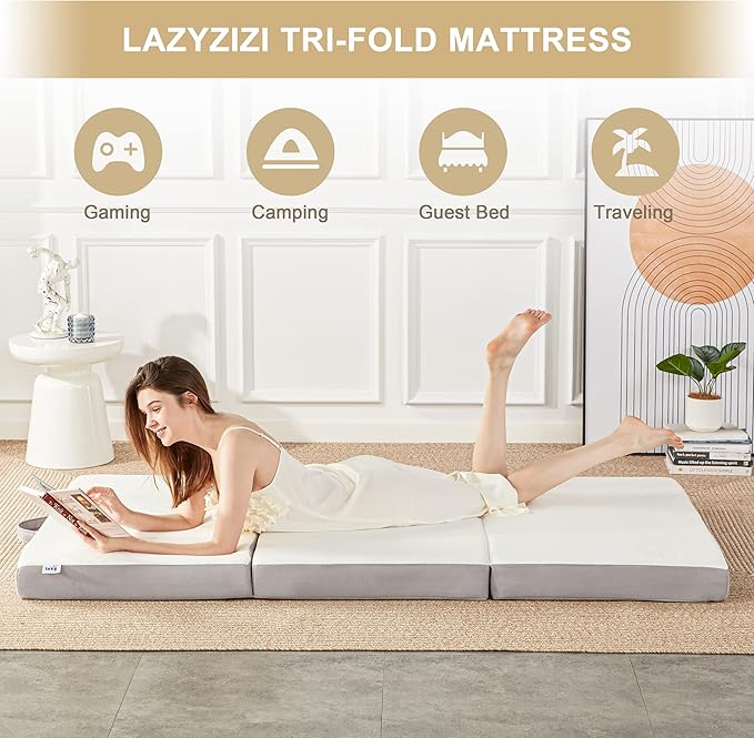 Folding Mattress, 4 Inch Memory Foam Tri-fold with Breathable Bamboo Fiber Fabric Cover, Foldable Floor Mattress Guest Bed for Camping, Road Trip, Twin