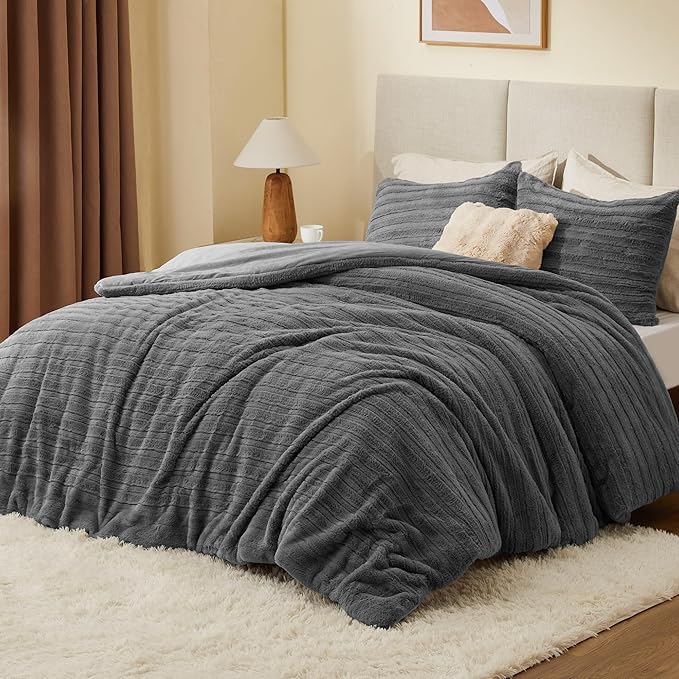 BEDELITE Fleece Twin Comforter Set -Super Soft & Warm Fluffy Grey Faux Fur Bedding, Luxury Fuzzy Heavy Bed Set for Winter with 1 Pillow case