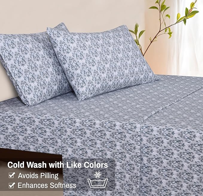 RUVANTI Flannel Sheets Queen Size - 100% Cotton Double Brushed Bed Sheets, Deep Pockets 16 Inches Queen Sheet Set, All Seasons Breathable & Extra Soft - Warm & Cozy, 4 Piece, Damask