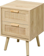 Finnhomy Nightstand, End Table, Side Table with 2 Hand Made Rattan Decorated Drawers, Wood Accent Table with Storage for Bedroom, Natural (Patented)