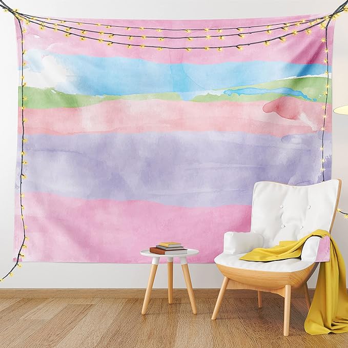 Lunarable Abstract Tapestry Queen Size, Paintbrush Watercolor Large Pastel Horizontal Stripes in Various Tones Boho Print, Wall Hanging Bedspread Bed Cover Wall Decor, Queen Size, Lilac Pink