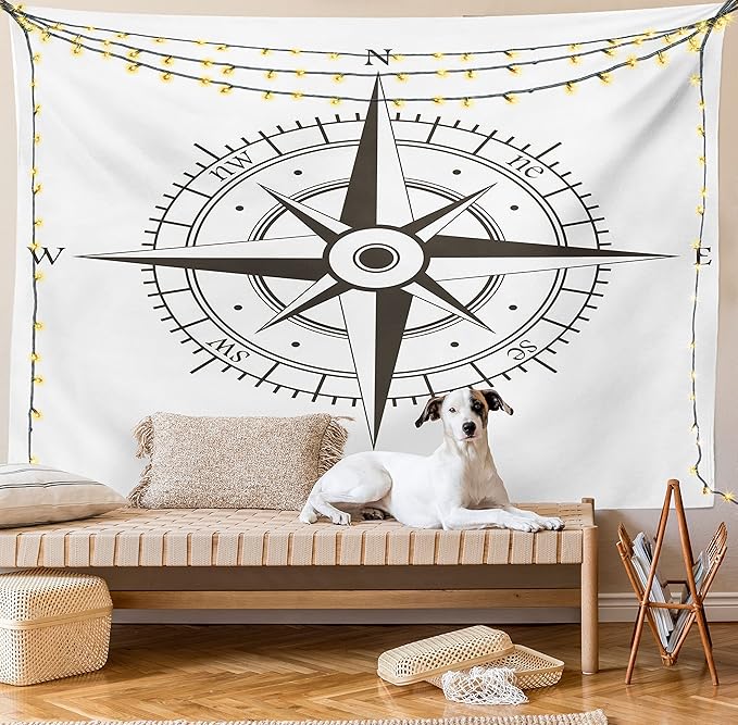 Ambesonne Compass Tapestry, Wind Rose Old Fashion Navigational Equipments Orienteering Illustration Print, Wall Hanging for Bedroom Living Room Dorm Decor, 40" X 60", Evergreen White