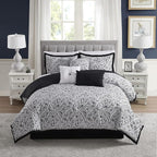 Queen Comforter Set - Complete 7-Piece Bedding Collection - 1 Comforter, 2 Pillow Shams, 1 Bed Skirt & 3 Decorative Accent Pillows - Premium Quality, Queen, Black/White Damask