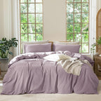 MooMee Bedding Duvet Cover Set 100% Washed Cotton Linen Like Textured Breathable Durable Soft Comfy (Solid Taro Purple, Alaska King 132"x120")