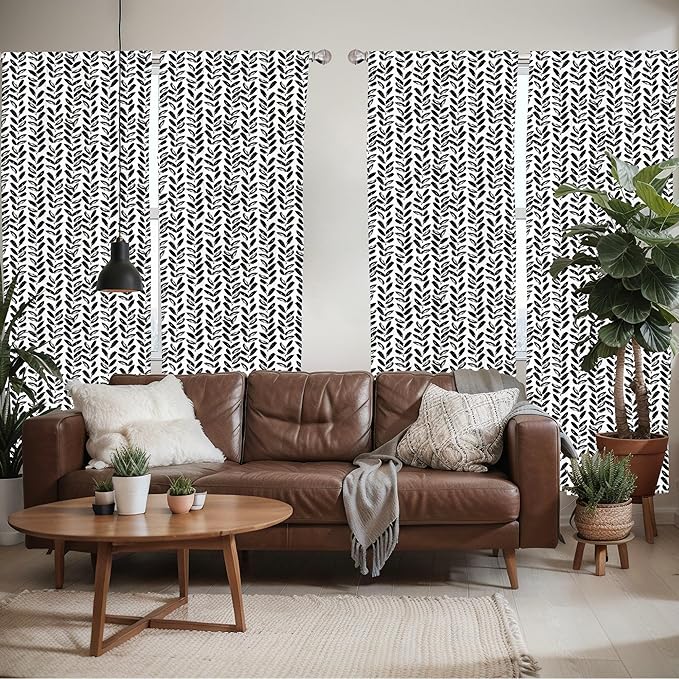 Ambesonne Black and White Window Curtains Pack of 2, Modern Grunge Botany Motif Monochrome Brush Paint Style Strokes, Lightweight Set with Rod Pocket, 4 Panels of - 28" x 63", White and Black