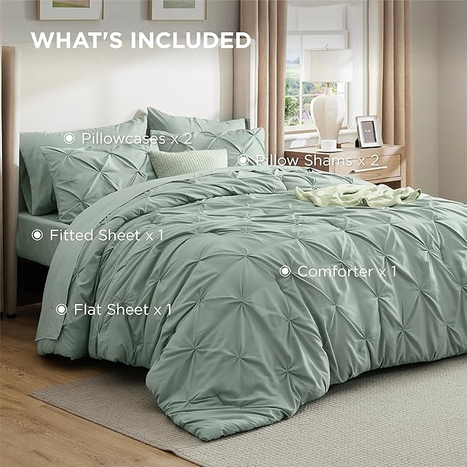 Bedsure Oversized Queen Comforter Set Sage Green - Bed in a Bag Bedding Set 7 Pieces, GentleSoft™ Pintuck Bed Set Gift for Family, Pinch Pleat All Season Comforter with Sheets, Pillowcases & Shams