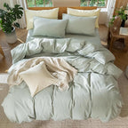 MooMee Bedding Duvet Cover Set 100% Washed Cotton Linen Like Textured Breathable Durable Soft Comfy (Heathered Sage Green, Twin 68"x90")
