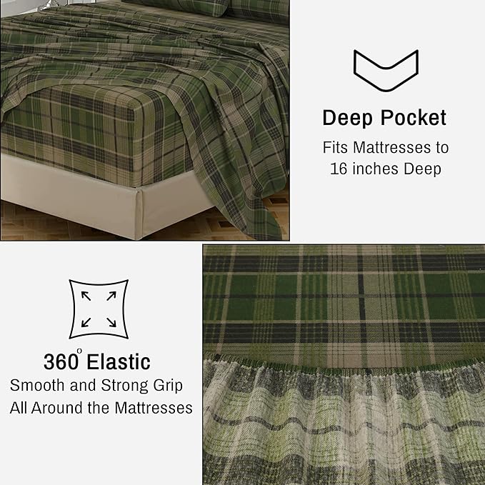 RUVANTI Flannel Sheets California King Size - 100% Cotton Brushed Cal King Bed Sheets Set - Deep Pockets 14 Inches - All Seasons Breathable & Extra Soft - Warm & Cozy, 4 Piece, DNA Plaid