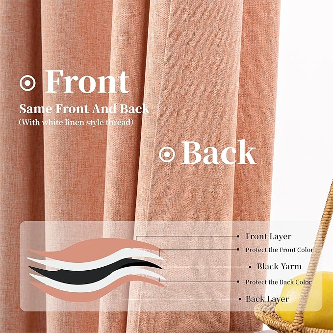KangBang Light Coral Blackout Linen Curtains 96 Inches Long for Living Room Girls Nursery, Back Tab Hook Belt Rod Pocket Black Out Light Blocking Drapes, Farmhouse Curtains with Clip Rings, Salmon