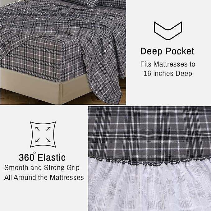 RUVANTI Flannel Sheets Full Size - 100% Cotton Double Brushed Bed Sheets Set, Deep Pockets 16 Inches, All Seasons Breathable & Extra Soft Full Sheets, Warm & Cozy, 4 Piece, Grey Plaid
