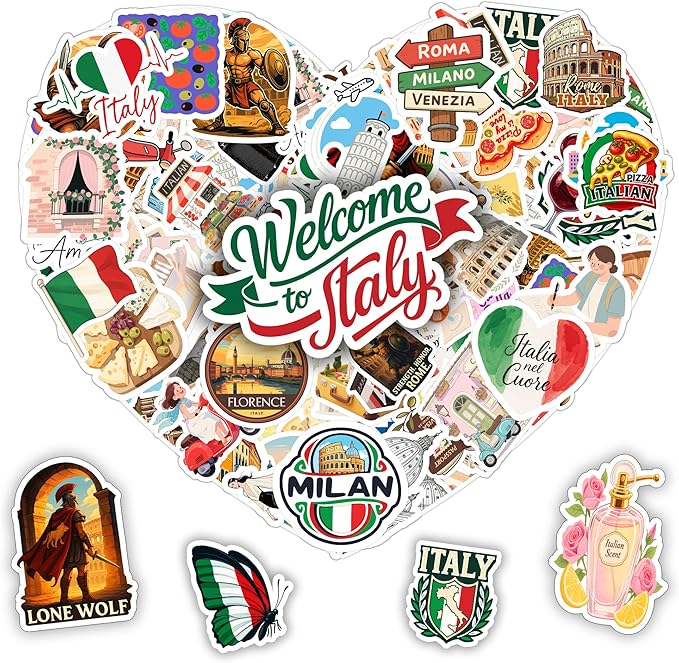 100 Pieces Italy Sticker Italian Travel Stickers Vinyl Waterproof for Kids Adults Car, Wall Decor Decal, Hard hat Scrapbook Laptop Phone Birthday Christmas Gift Funny