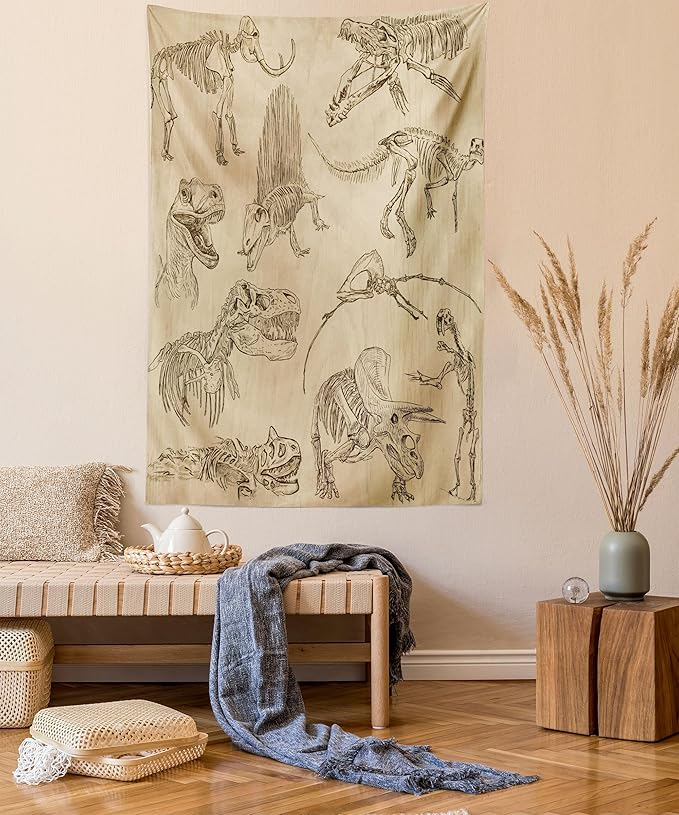 Lunarable Dinosaur Tapestry, Hand Drawn Style Skeletons Bones from Medieval Times Archeology Theme, Fabric Wall Hanging Decor for Bedroom Living Room Dorm, 23" X 28", Sand Brown Army Green