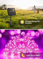 Minetom Solar String Lights for Outside, 33Ft 100 LED Outdoor Solar Fairy Lights, 8 Modes Balcony Lights for Tree Patio Christmas Party Wedding Decor (Pink)
