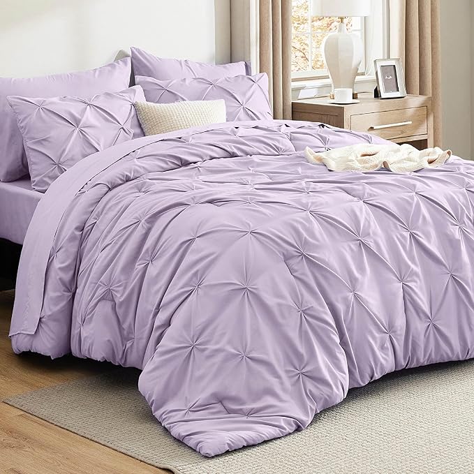 Bedsure Twin Comforter Set Light Purple - Bed in a Bag Twin Size Bedding 5 Pieces, GentleSoft™ Pintuck Bed Set Gift for Family, Pinch Pleat Light Purple Comforter with Sheets, Pillowcase & Sham