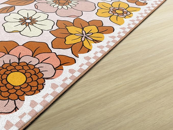 Flagship Carpets Schoolgirl Style Retro Floral Educational Area Rug for Kids Room Seating Décor, Children's Classroom, Play Carpet for Teaching and Playroom, 5' x 7'6", Pink