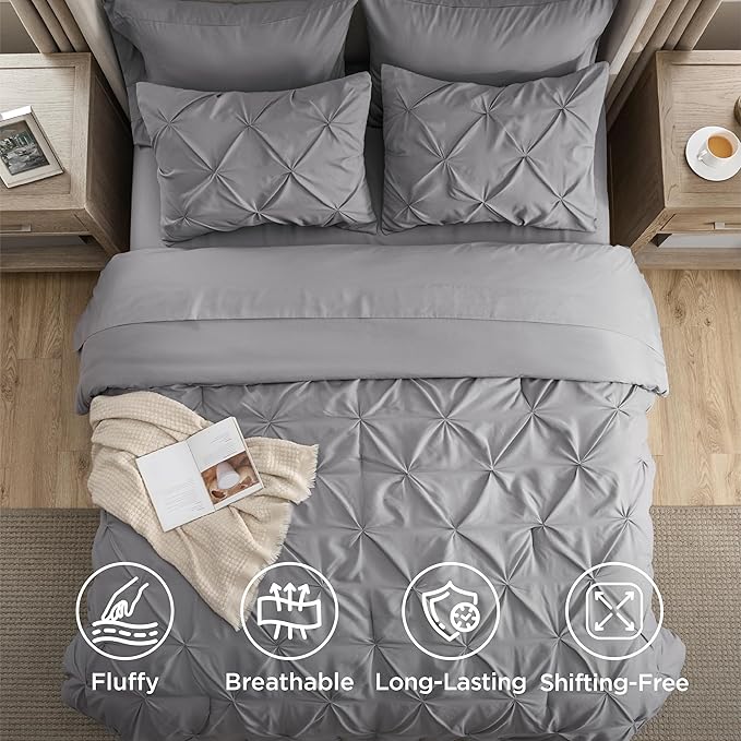 Bedsure Oversized Queen Comforter Set Grey - Bed in a Bag Bedding Set 7 Pieces, GentleSoft™ Pintuck Bed Set Gift for Family, Pinch Pleat All Season Comforter with Sheets, Pillowcases & Shams
