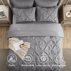 Bedsure Queen Comforter Set Grey - Bed in a Bag Queen Size Bedding 7 Pieces, GentleSoft™ Pintuck Bed Set Gift for Family, Pinch Pleat All Season Comforter with Sheets, Pillowcases & Shams