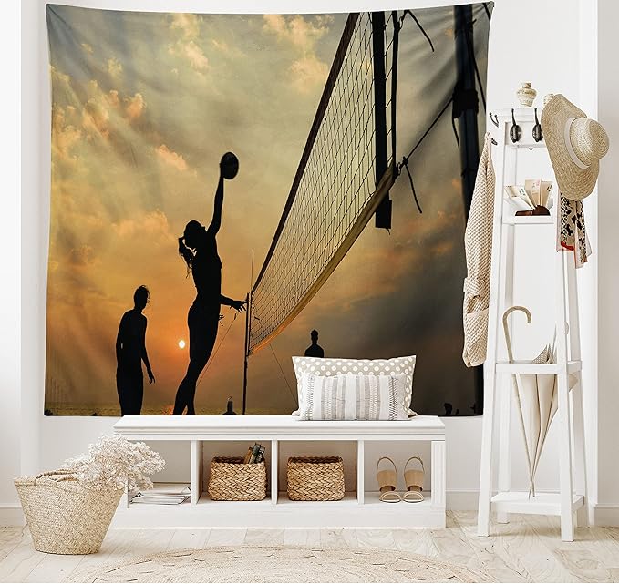 Lunarable Volleyball Tapestry, Beach Sports at Sunset Open Sky Net and Ball Activity Excitement Fun and Games, Wide Wall Hanging for Bedroom Living Room Dorm, 60" X 40", Black