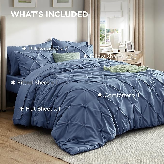 Bedsure Queen Comforter Set Slate Blue - Bed in a Bag Queen Size Bedding 7 Pieces, GentleSoft™ Pintuck Bed Set Gift for Family, Pinch Pleat All Season Comforter with Sheets, Pillowcases & Shams