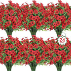 Ouddy Decor 24 Bundles Artificial Flowers for Outdoors Fake Silk Flowers UV Resistant Faux Plastic Plants for Spring Summer Garden Porch Window Box Table Vase Home Indoor Outdoor Decoration, Red