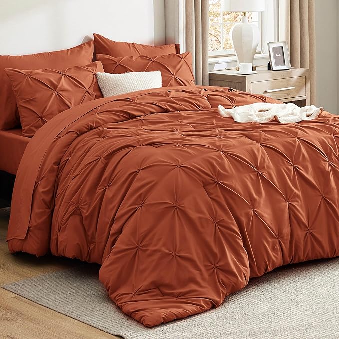 Bedsure California King Comforter Set Burnt Orange - Bed in a Bag Cal King Bedding Set 7 Pieces, GentleSoft™ Pintuck Bed Set Gift for Family, Pinch Pleat Comforter with Sheets, Pillowcases & Shams