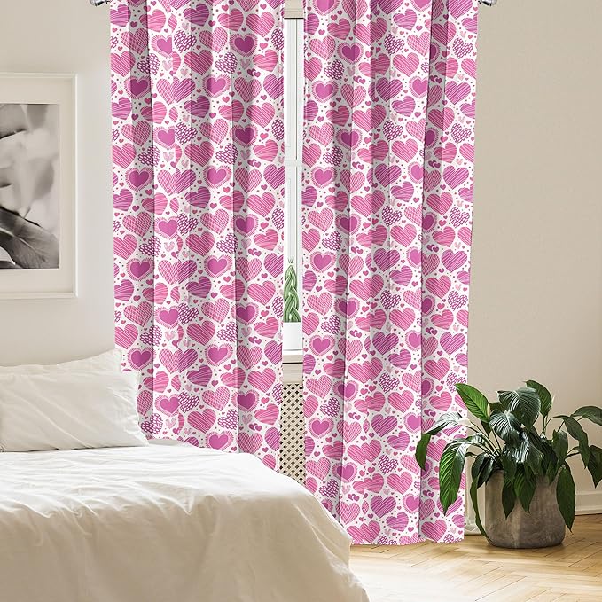 Ambesonne Valentines Window Curtains Pack of 2, Romantic Heart Shapes with Many Different Designs Polka Dots Crossed Lines, Lightweight Set with Rod Pocket, 4 Panels of - 28" x 95", Pink White