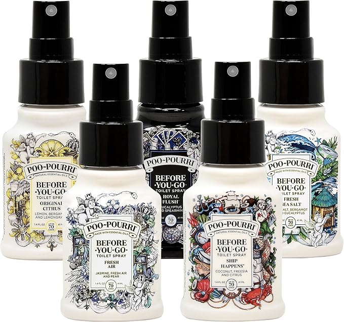 Poo-Pourri Set - Includes Original Citrus, Fresh Sea Salt, Fresh Air, Ship Happens, and Royal Flush 1.4 Ounce Bottles