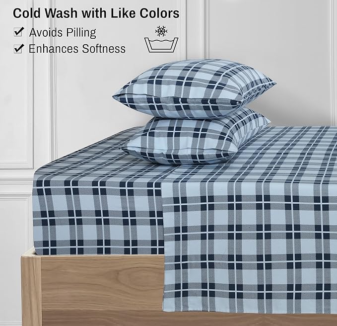 RUVANTI Flannel Sheets King Size - 100% Cotton Brushed King Size Sheets Set - Deep Pockets 16 Inches Bed Sheets - All Seasons Breathable & Extra Soft - Warm & Cozy, 4 Piece, Illusion Check