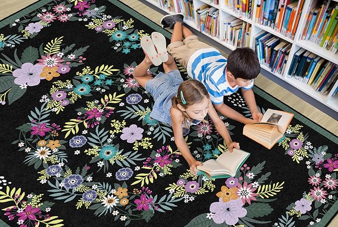 Flagship Carpets Schoolgirl Style Vintage Floral Educational Area Rug for Kids Room Seating Décor, Children's Classroom, Play Carpet for Teaching and Playroom, 5' x 7'6", Black & Multi