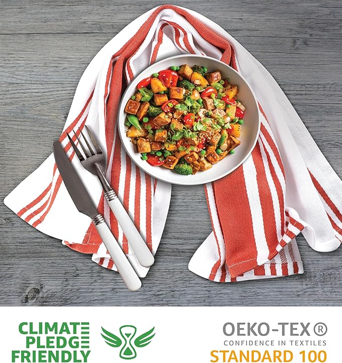 Urban Villa Kitchen Towels 100% Cotton Pack of 6 Highly Absorbent Quick Drying Soft Premium Dish Towels for Kitchen with Hanging Loop Thanksgiving Fall TeaTowels - 20x30 Inch (Rust & White Striped)