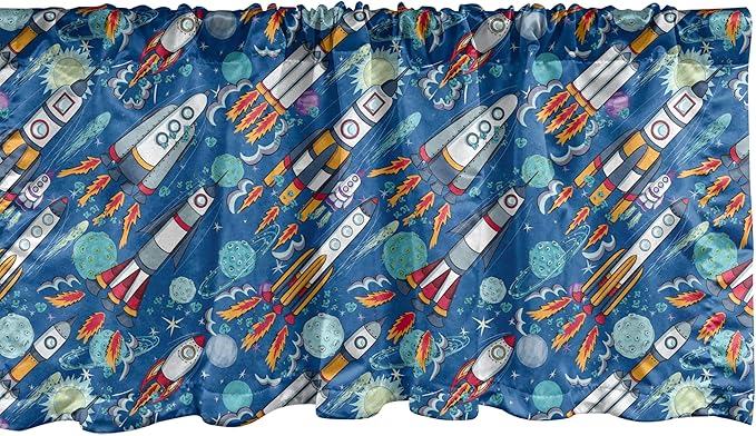 Ambesonne Spaceship Window Valance Pack of 2, Hand-Drawn Cartoon Spaceships Planets and Stars Outer Space Exploration Theme, Rod Pocket Curtain Valances for Kitchen Bedroom, 42" X 18", Violet Blue