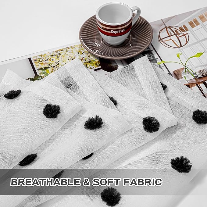 MYSKY HOME Black Pom Pom Curtains Halloween Nursery Curtains for Girls Bedroom 63 Inch Length Long Window White Sheer Curtains for Kids Room Rod Pocket Farmhouse Window Drapes 2 Sets 52" x 63"