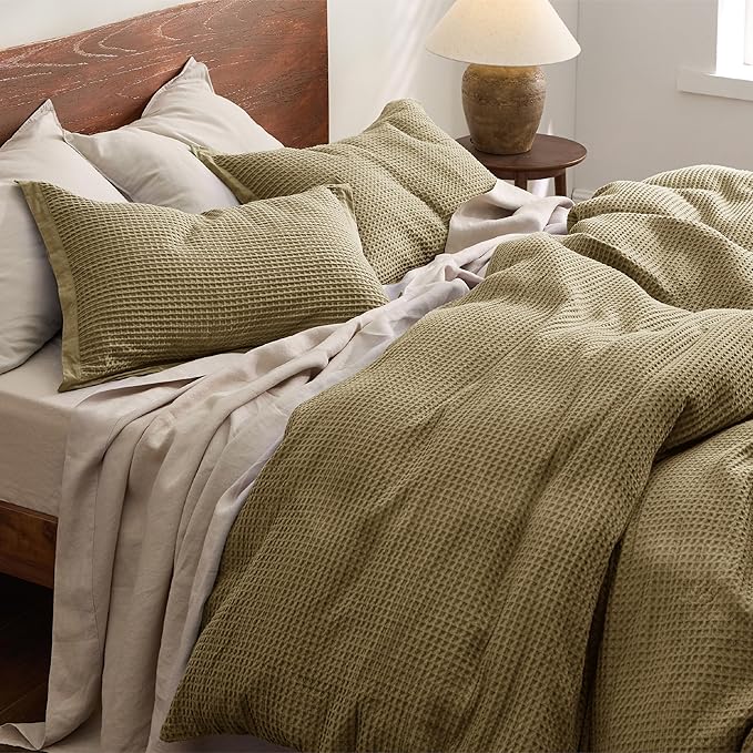 Bedsure Cotton Duvet Cover Queen Size - 100% Cotton Waffle Weave Fennel Seed Duvet Cover Queen Size, GentleSoft™ and Breathable Bedding Set for All Season, 3 Pieces, 90"x90"