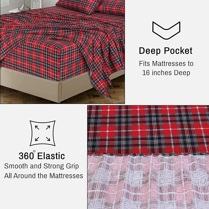 RUVANTI Flannel Sheets Full Size - 100% Cotton Double Brushed Bed Sheets Set, Deep Pockets 16 Inches, All Seasons Breathable & Extra Soft Full Sheets, Warm & Cozy, 4 Piece, Red Plaid