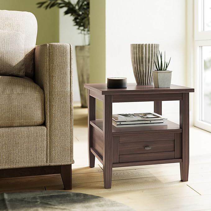 SIMPLIHOME Warm Shaker SOLID WOOD 20 inch Wide Rectangle Transitional End Table in Warm Walnut Brown for the Living Room and Bedroom