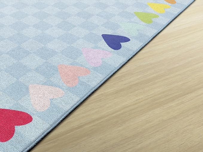 Flagship Carpets Schoolgirl Style Blue with Rainbow Hearts Border Educational Area Rug for Kids Room Seating Décor, Children's Classroom, Play Carpet for Teaching and Playroom, 7'6" x 12', Blue