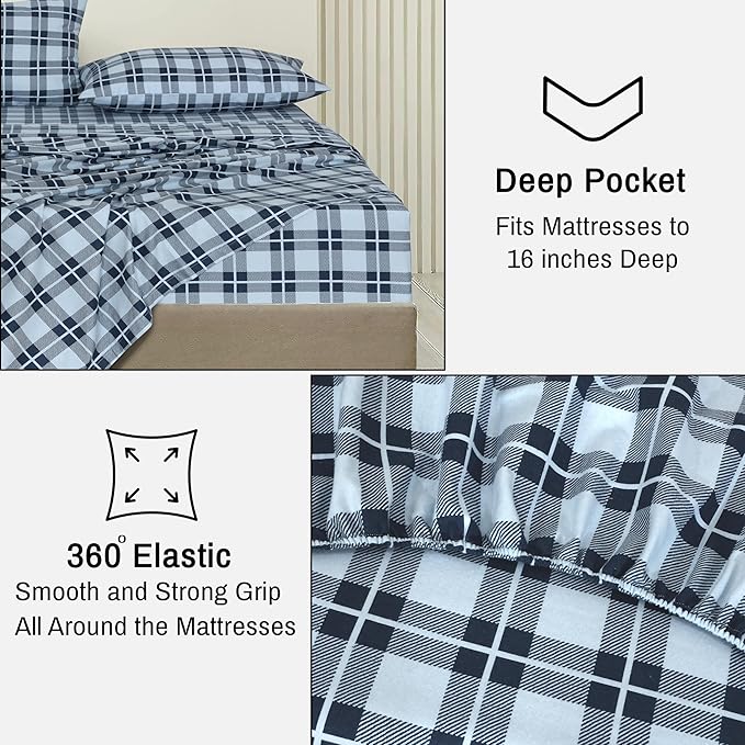 RUVANTI Flannel Sheets Full Size - 100% Cotton Double Brushed Bed Sheets Set, Deep Pockets 16 Inches, All Seasons Breathable & Extra Soft Full Sheets, Warm & Cozy, 4 Piece, Illusion Check