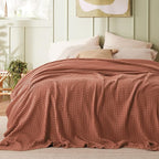 Bedsure Cooling Cotton Waffle Queen Size Blanket - Lightweight Breathable Blanket of Rayon Derived from Bamboo for Hot Sleepers, Luxury Throws for Bed, Couch and Sofa, Red Orange, 90x90 Inches
